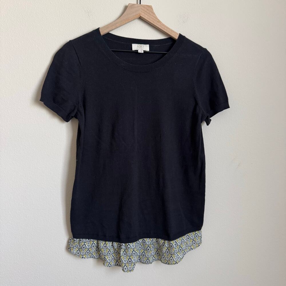 LOFT Women Black Paisley Short Sleeve Blouse Size Small Petite Multicolor Design
